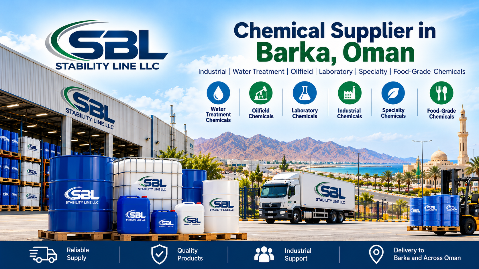 SBL Stability Line industrial chemical supplier serving Barka, Oman, with branded chemical drums, storage containers, and delivery truck.