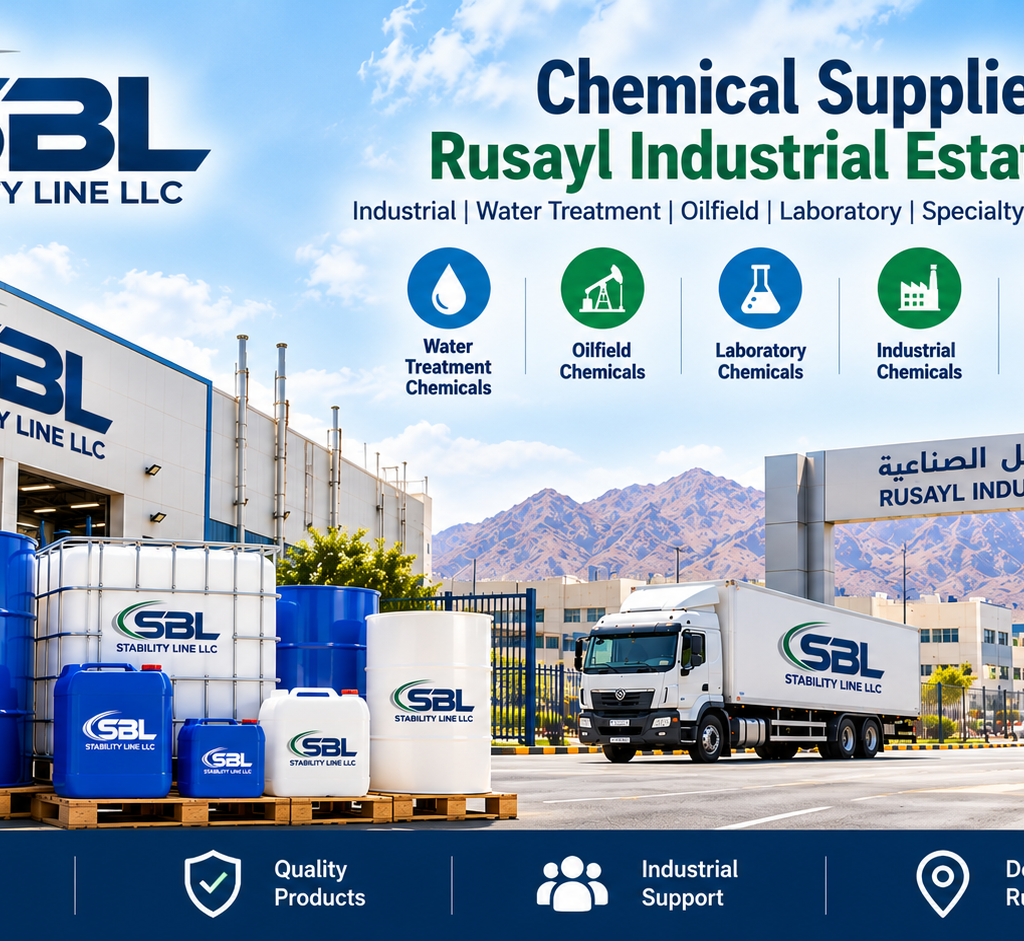 Industrial chemical supplier in Rusayl Industrial Estate, Oman, featuring Stability Line branded chemical drums, storage containers, and delivery truck.