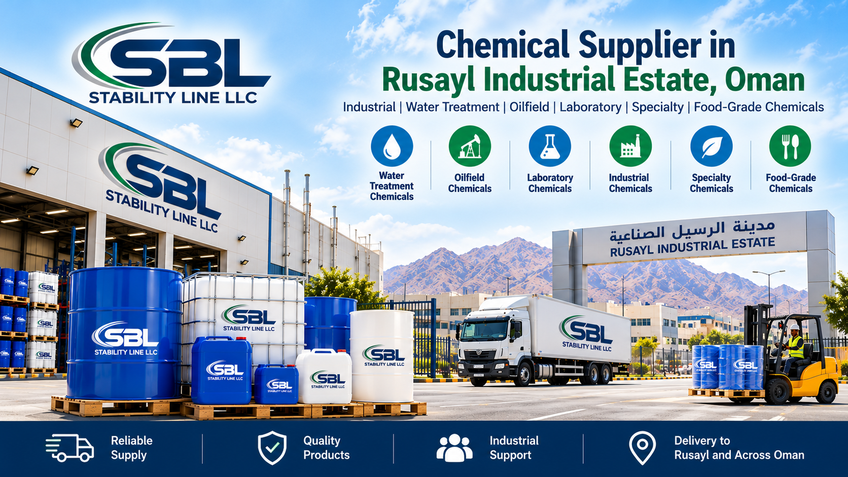 Industrial chemical supplier in Rusayl Industrial Estate, Oman, featuring Stability Line branded chemical drums, storage containers, and delivery truck.